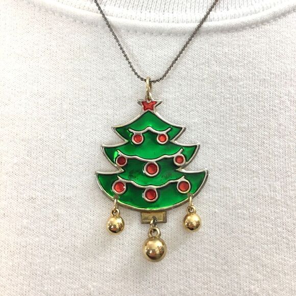 Silver Color 17.5in Christmas Necklace Gold Tone Jingle Bells Green Tree Pendant - Picture 1 of 10
